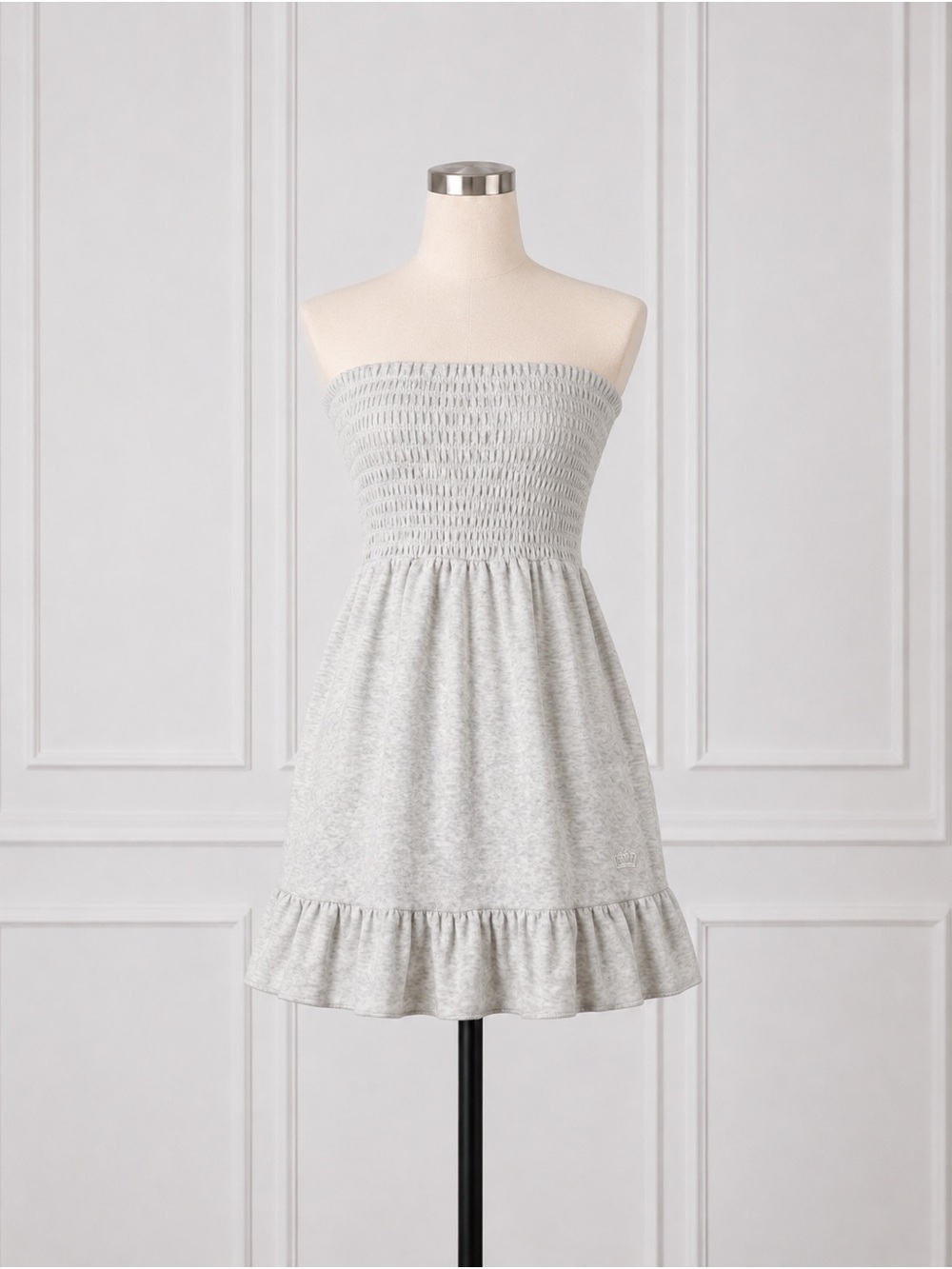 Juicy Couture Light Gray Strapless Smocked Ruffle Hem Mini Dress